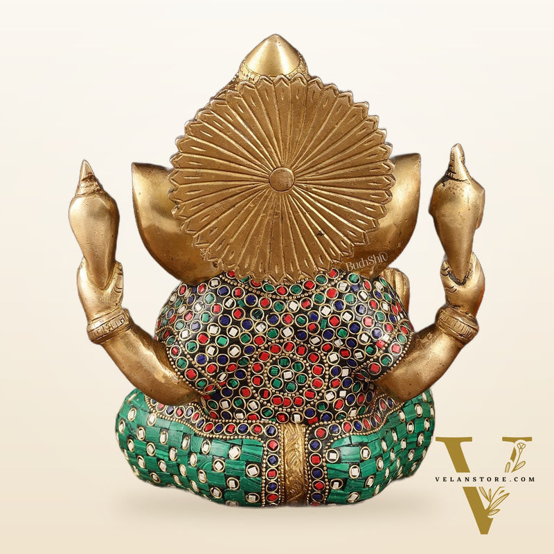 Handcrafted Pure Brass Ganesha Idol with Natural Color Stones - 8" Height