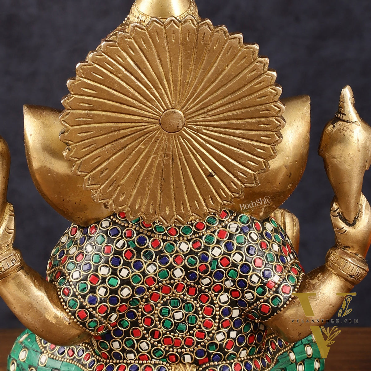 Handcrafted Pure Brass Ganesha Idol with Natural Color Stones - 8" Height