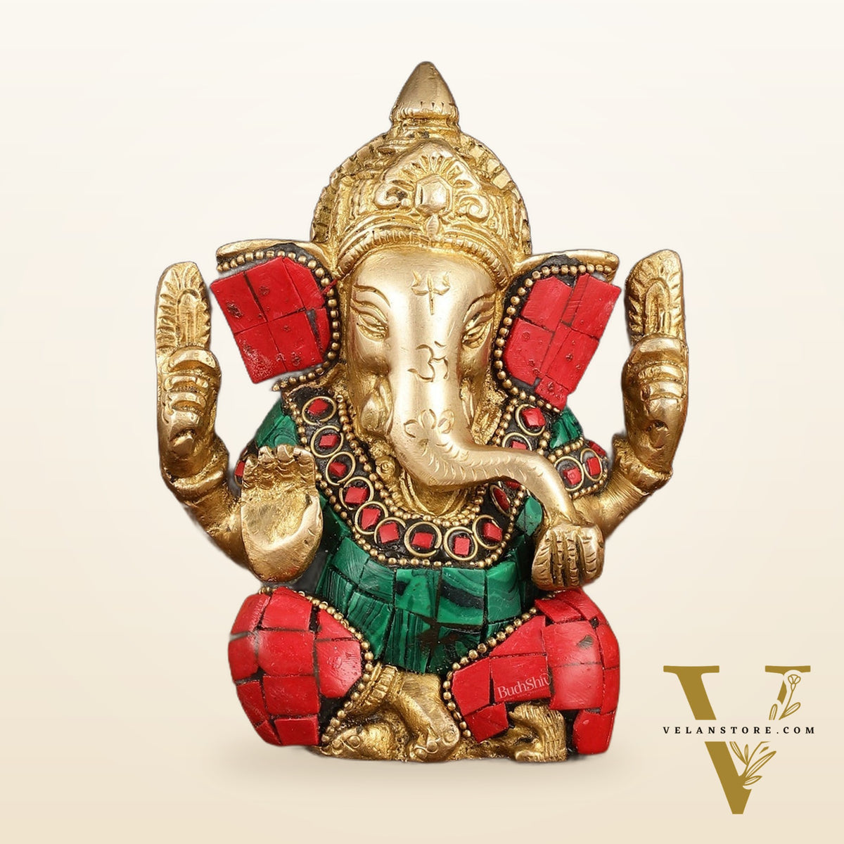 Handcrafted Pure Brass Ganesha Idol with Red and Green Stone Accents, 5" Height