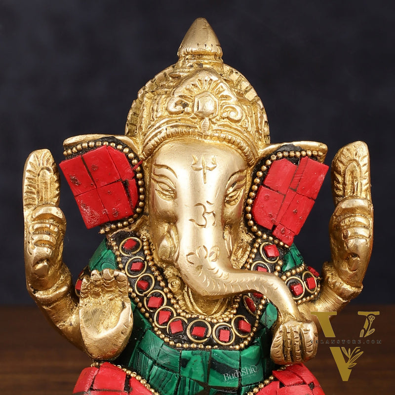 Handcrafted Pure Brass Ganesha Idol with Red and Green Stone Accents, 5" Height
