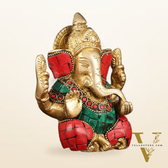 Handcrafted Pure Brass Ganesha Idol with Red and Green Stone Accents, 5" Height