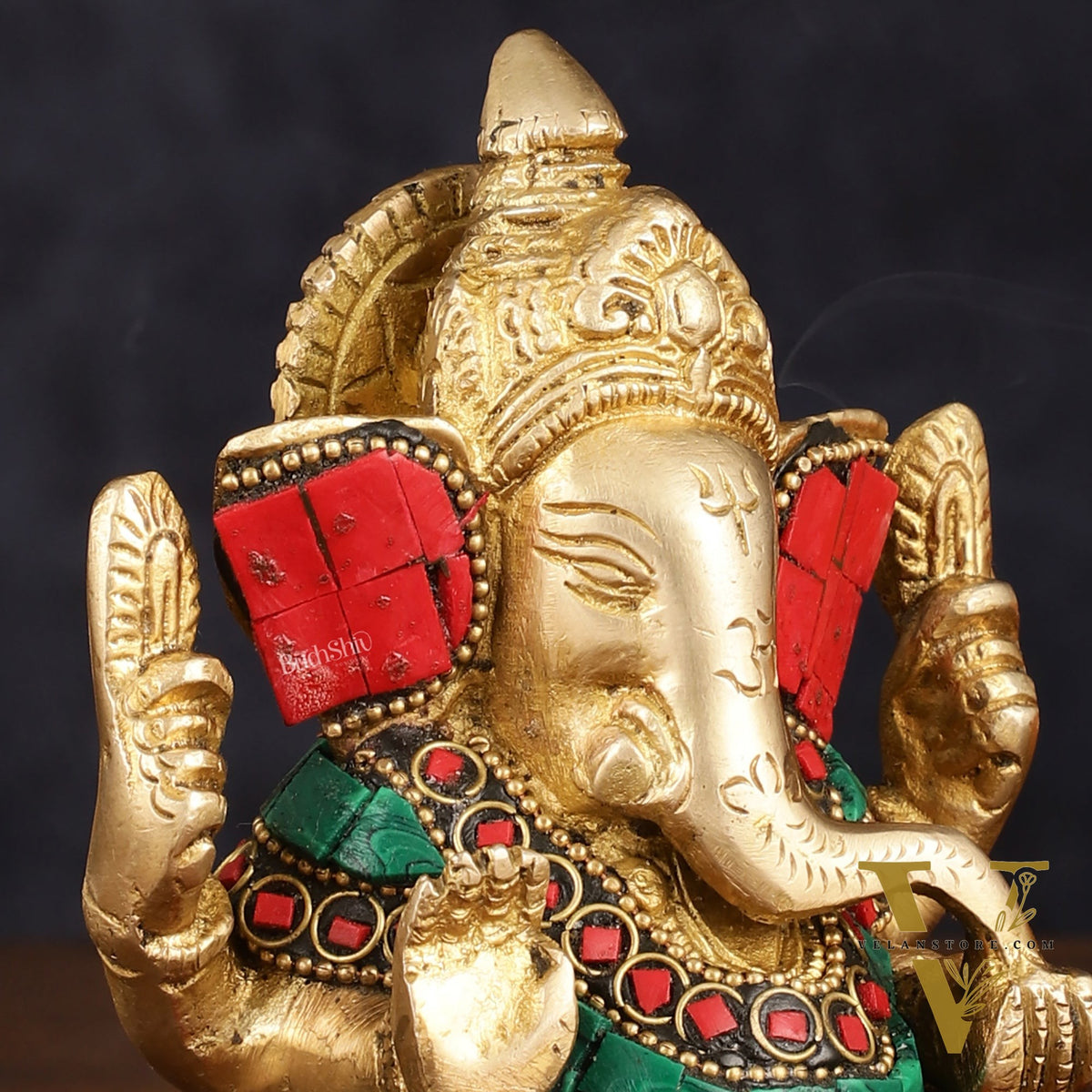 Handcrafted Pure Brass Ganesha Idol with Red and Green Stone Accents, 5" Height