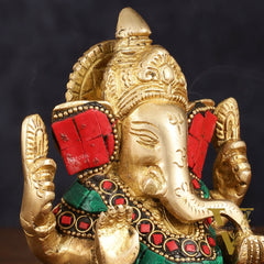 Handcrafted Pure Brass Ganesha Idol with Red and Green Stone Accents, 5" Height