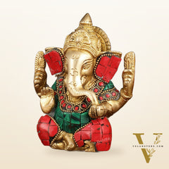 Handcrafted Pure Brass Ganesha Idol with Red and Green Stone Accents, 5" Height