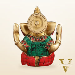 Handcrafted Pure Brass Ganesha Idol with Red and Green Stone Accents, 5" Height