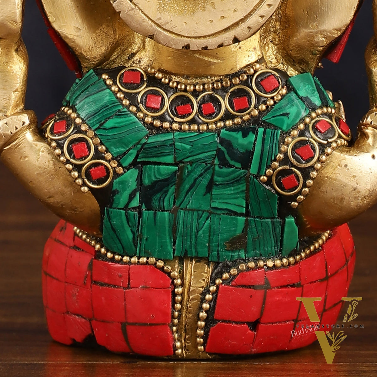 Handcrafted Pure Brass Ganesha Idol with Red and Green Stone Accents, 5" Height