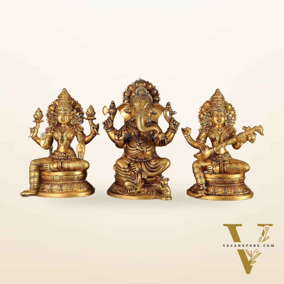 Handcrafted Pure Brass Ganesha Lakshmi Saraswati Set – 11.5"