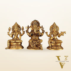 Handcrafted Pure Brass Ganesha Lakshmi Saraswati Set – 11.5"