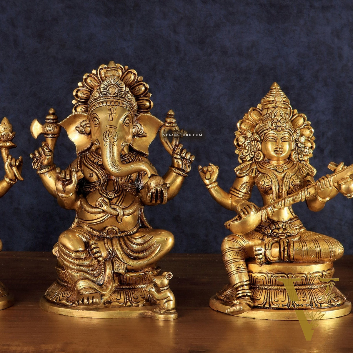 Handcrafted Pure Brass Ganesha Lakshmi Saraswati Set – 11.5"