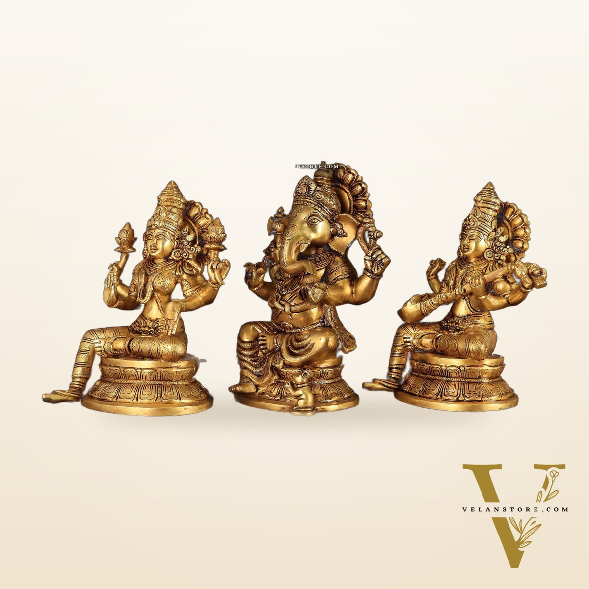 Handcrafted Pure Brass Ganesha Lakshmi Saraswati Set – 11.5"