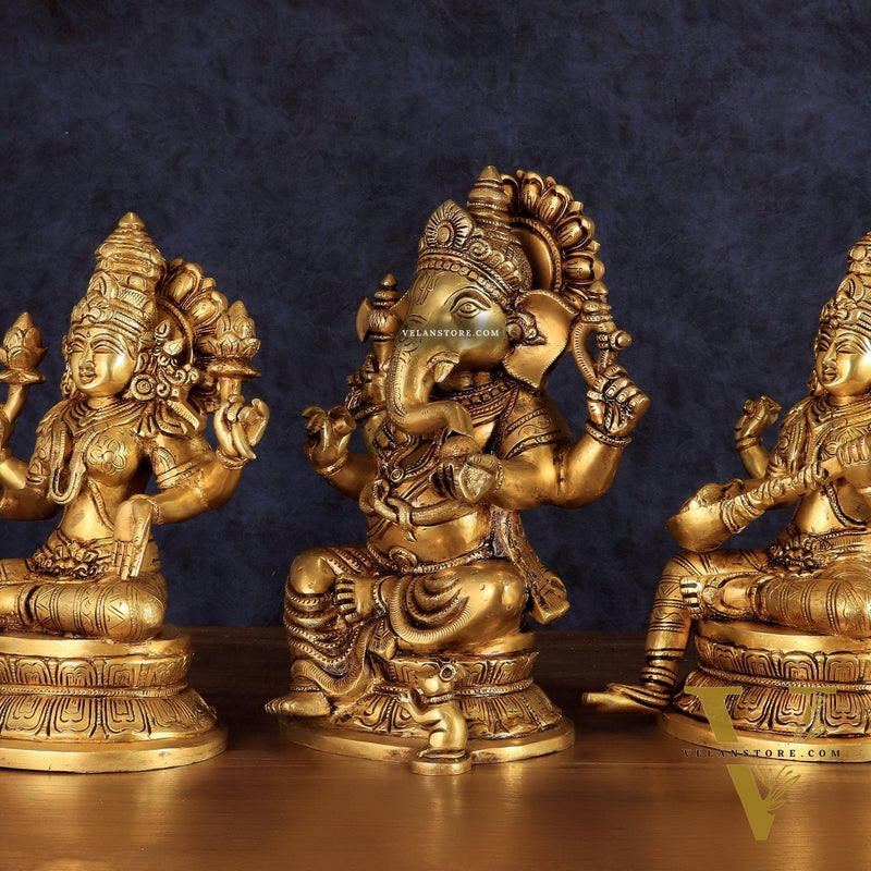 Handcrafted Pure Brass Ganesha Lakshmi Saraswati Set – 11.5"
