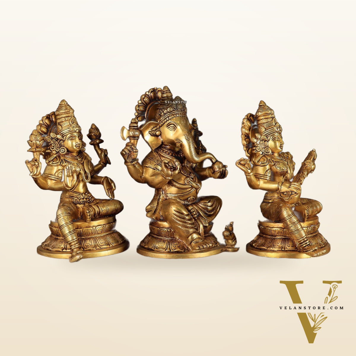 Handcrafted Pure Brass Ganesha Lakshmi Saraswati Set – 11.5"