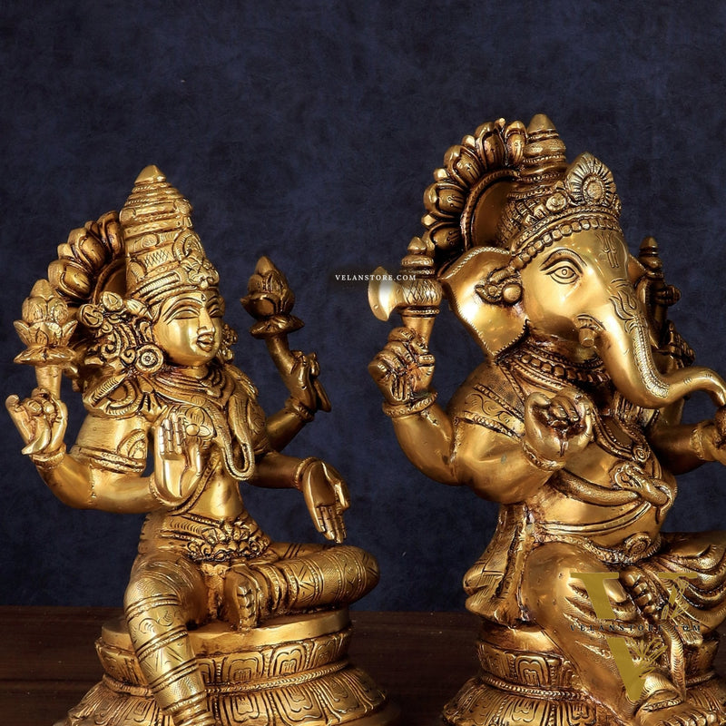 Handcrafted Pure Brass Ganesha Lakshmi Saraswati Set – 11.5"