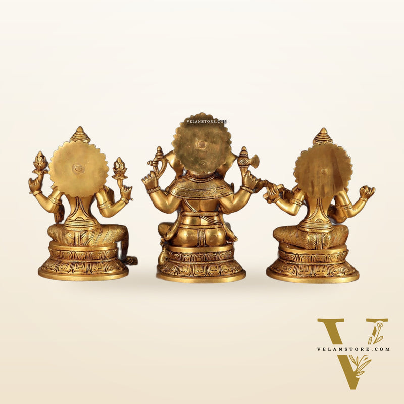 Handcrafted Pure Brass Ganesha Lakshmi Saraswati Set – 11.5"