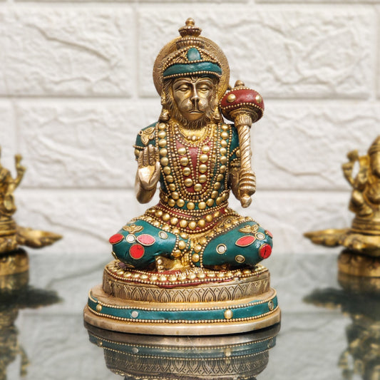 Handcrafted Pure Brass Hanuman Statue | 7.5" Tall | Golden Tone Finish