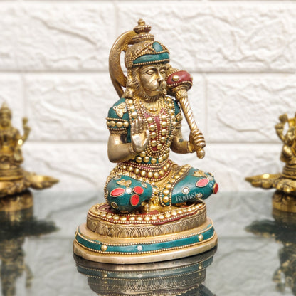 Handcrafted Pure Brass Hanuman Statue | 7.5" Tall | Golden Tone Finish