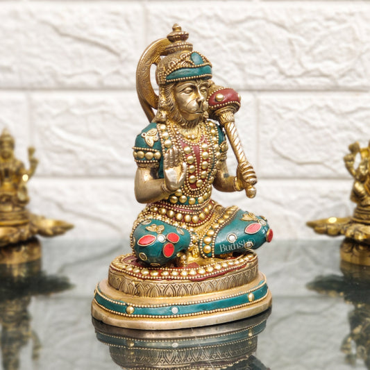 Handcrafted Pure Brass Hanuman Statue | 7.5" Tall | Golden Tone Finish