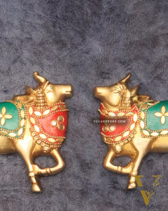 Handcrafted Pure Brass Kamdhenu Cow Wall Hanging for Pooja Room - 5" meenakari