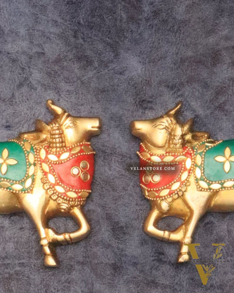 Handcrafted Pure Brass Kamdhenu Cow Wall Hanging for Pooja Room - 5" meenakari