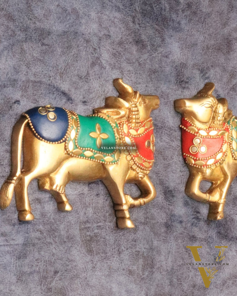 Handcrafted Pure Brass Kamdhenu Cow Wall Hanging for Pooja Room - 5" meenakari