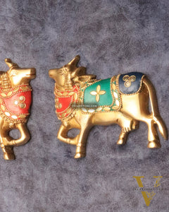 Handcrafted Pure Brass Kamdhenu Cow Wall Hanging for Pooja Room - 5" meenakari