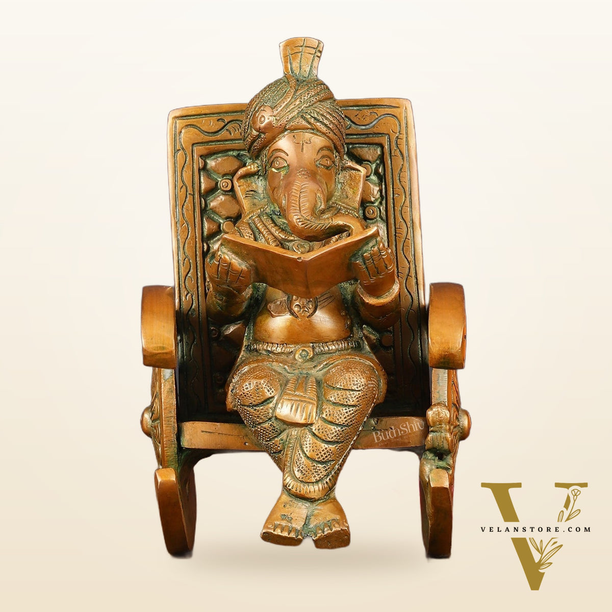 Handcrafted Pure Brass Lord Ganapati Seated on Swinging Chair Idol - 7" Antique Bronze Finish