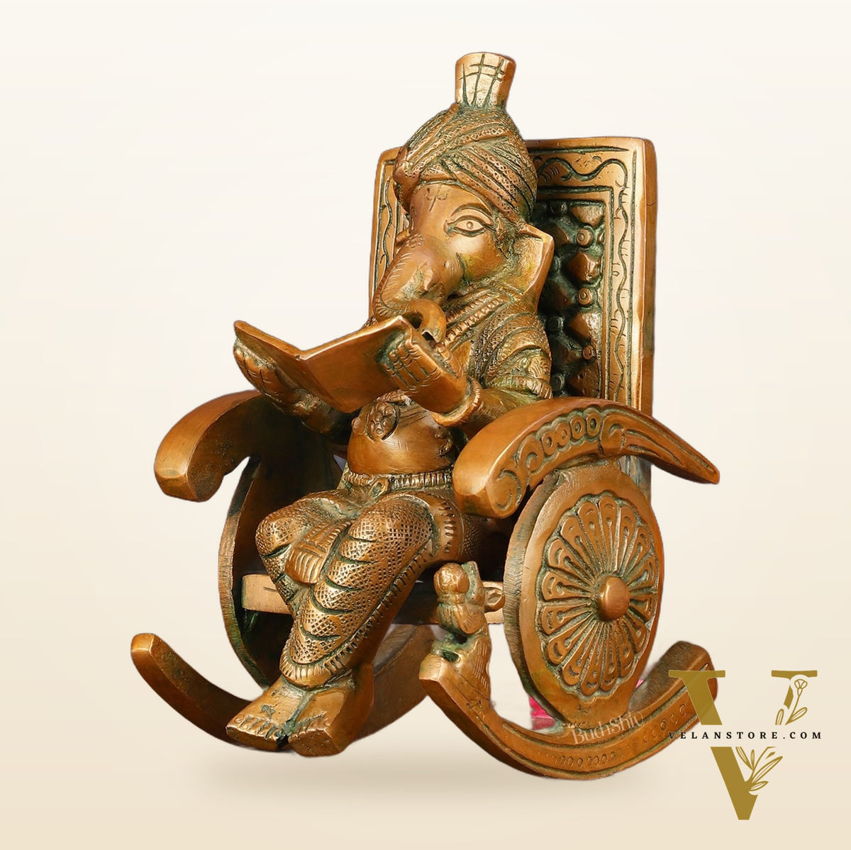 Handcrafted Pure Brass Lord Ganapati Seated on Swinging Chair Idol - 7" Antique Bronze Finish