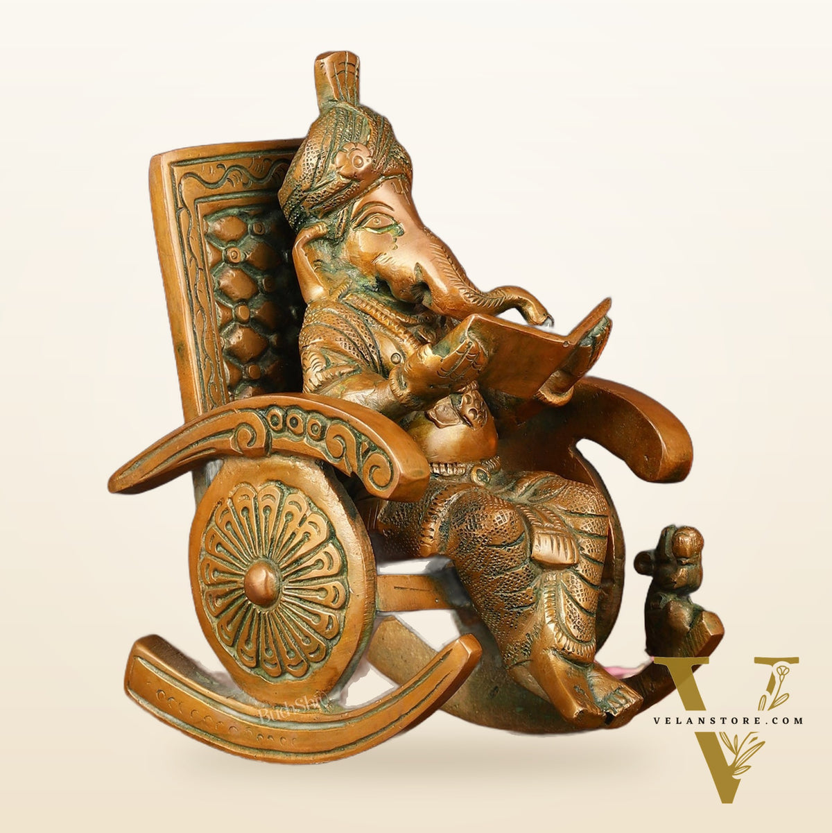 Handcrafted Pure Brass Lord Ganapati Seated on Swinging Chair Idol - 7" Antique Bronze Finish