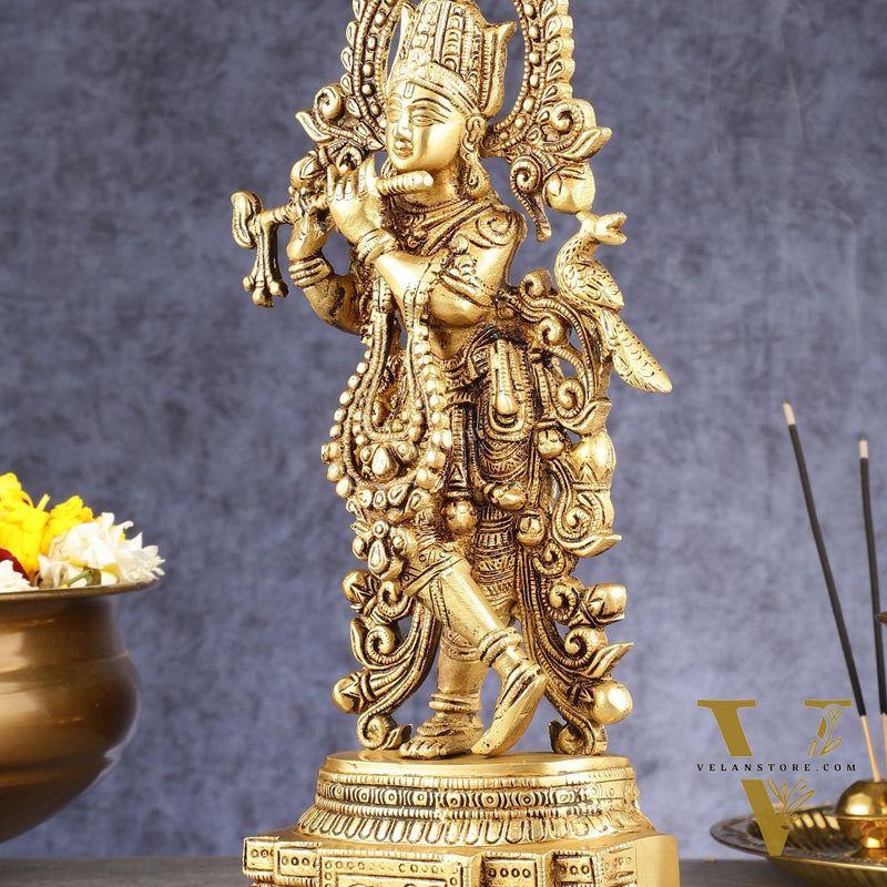 Handcrafted Pure Brass Lord Krishna Statue - 13.5 Inch
