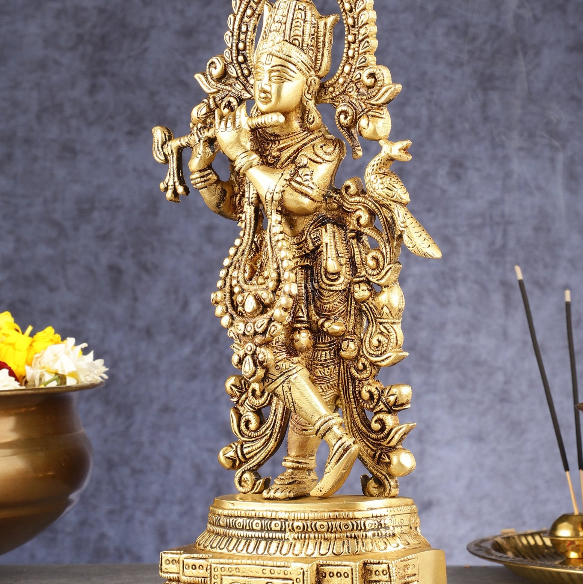 Handcrafted Pure Brass Lord Krishna Statue - 13.5 Inch