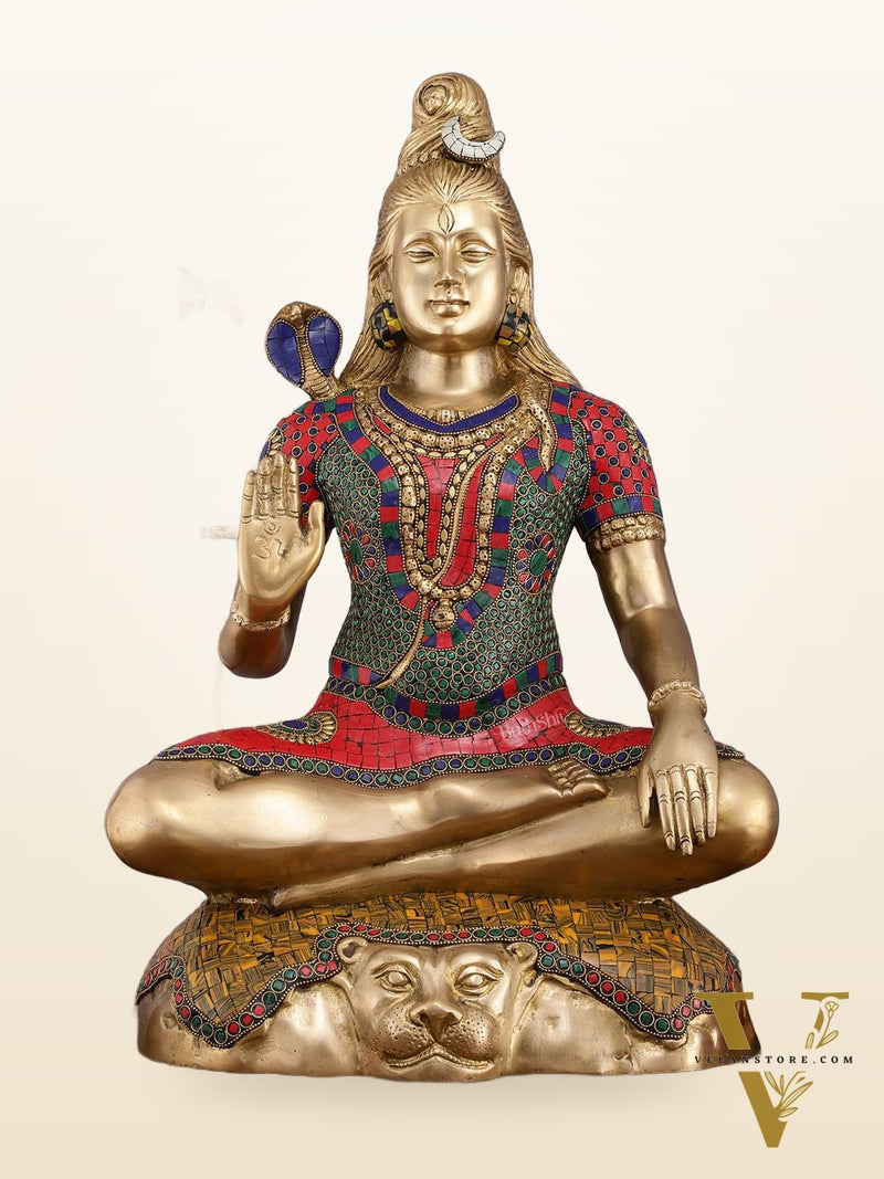 Handcrafted Pure Brass Lord Shiva Statue - 23" Height with Meenakari Stonework