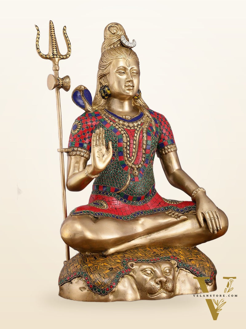 Handcrafted Pure Brass Lord Shiva Statue - 23" Height with Meenakari Stonework