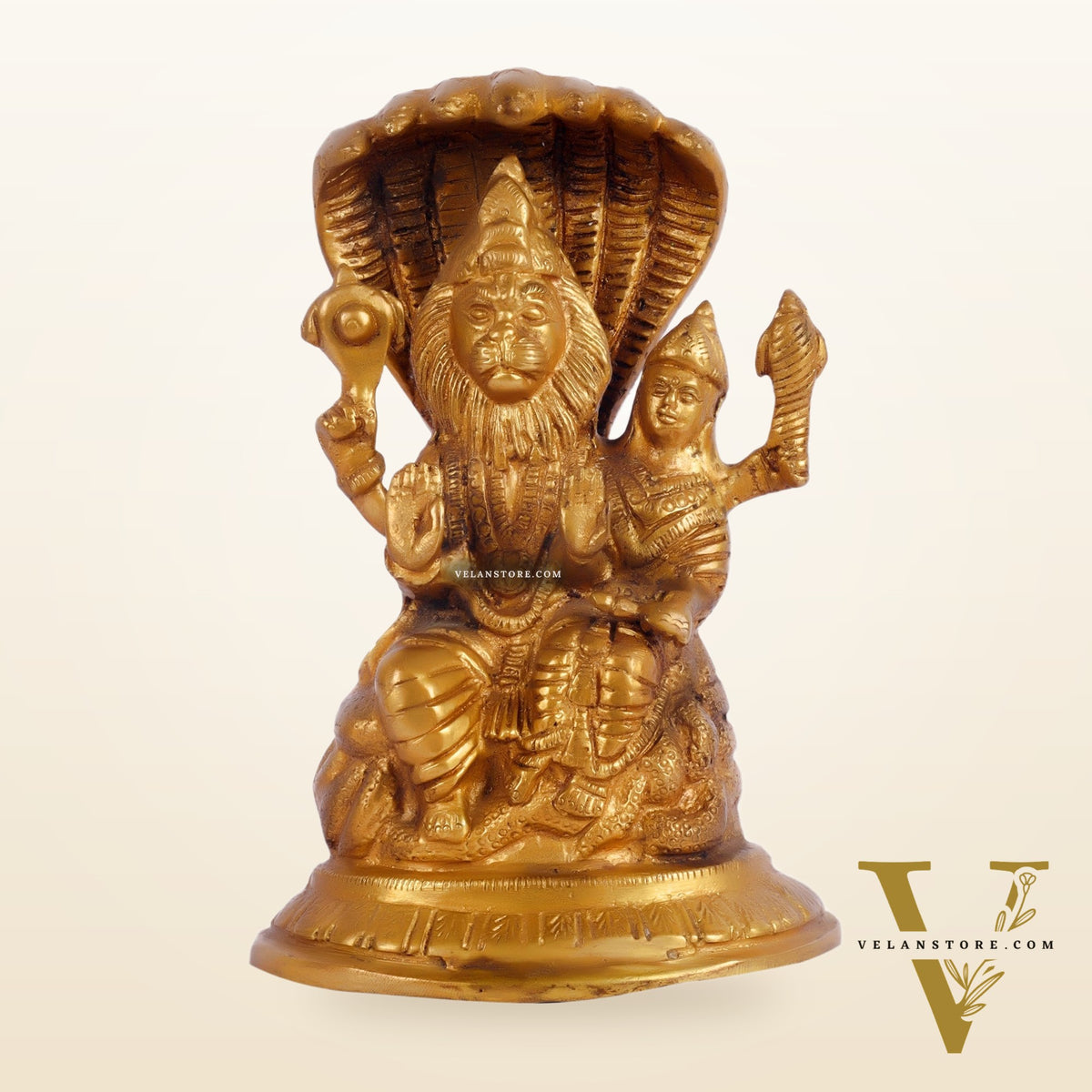 Handcrafted Pure Brass Narasimha Lakshmi Statue - 7.5" Height