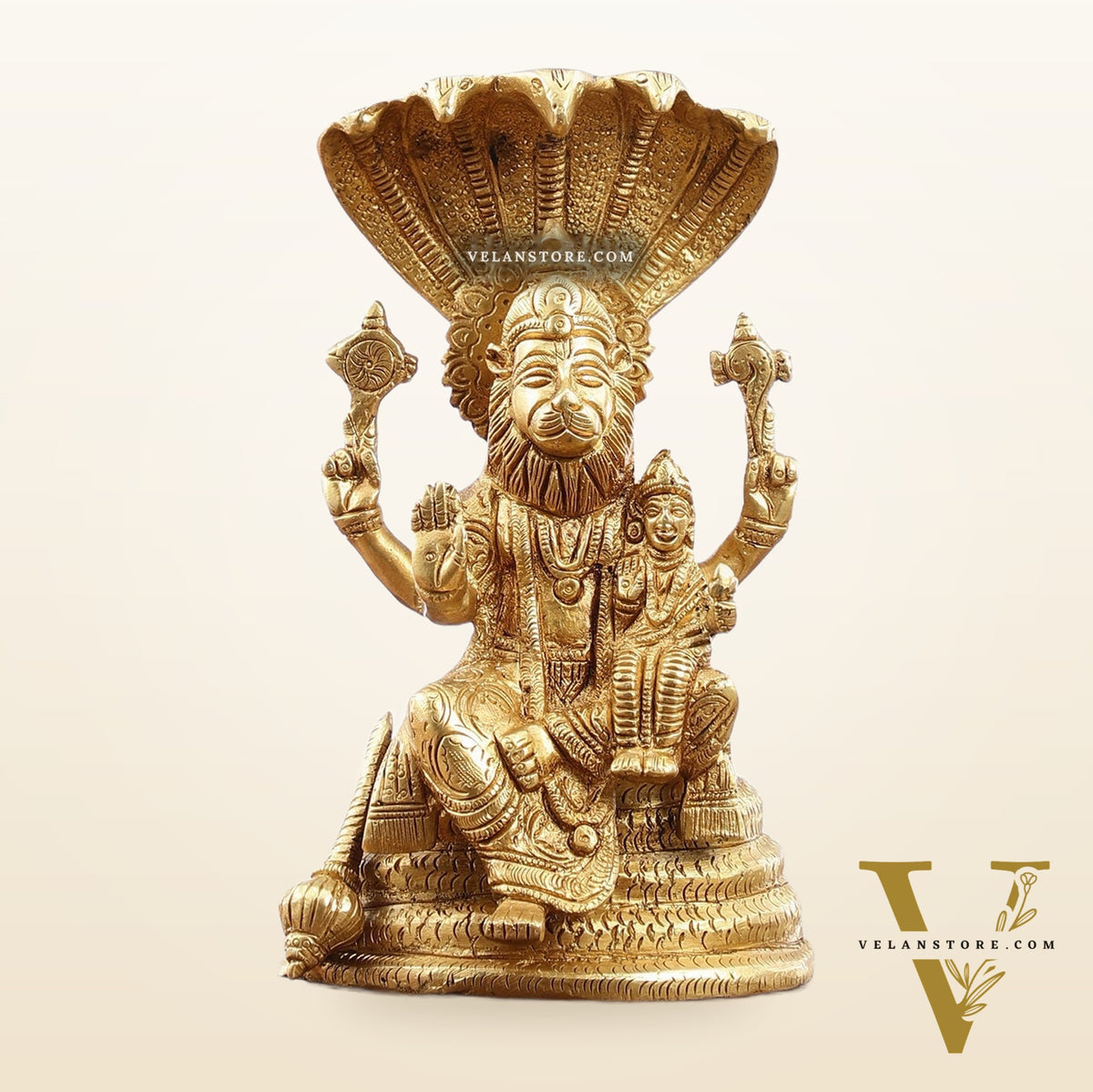 Handcrafted Pure Brass Narasimha Lakshmi Statue - 8 inch