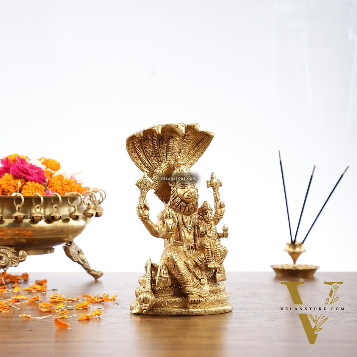 Handcrafted Pure Brass Narasimha Lakshmi Statue - 8 inch