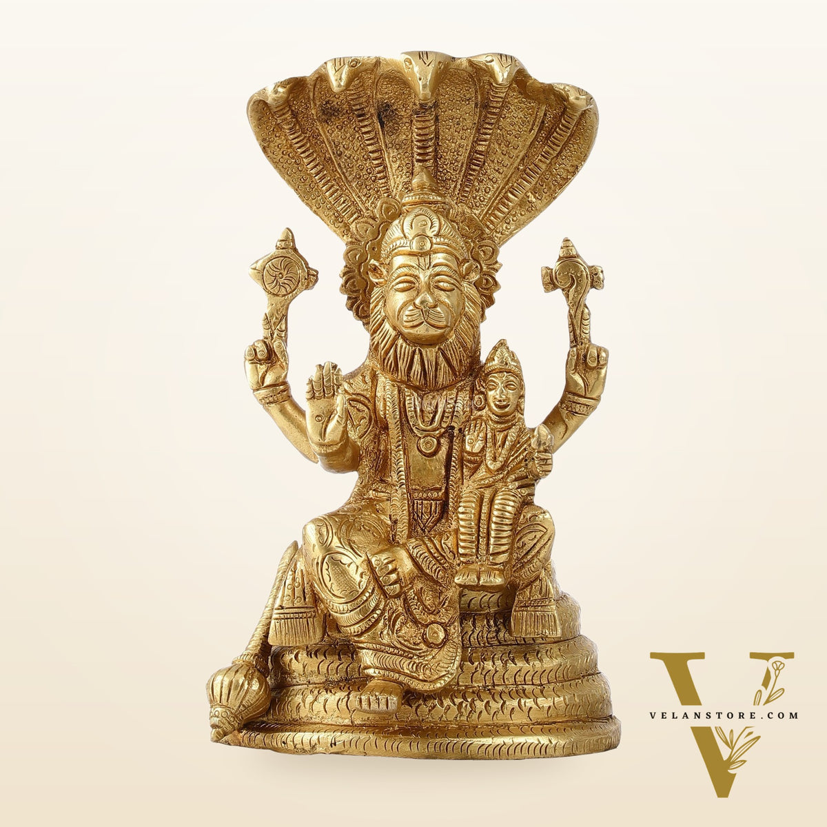Handcrafted Pure Brass Narasimha Lakshmi Statue - 8 inch