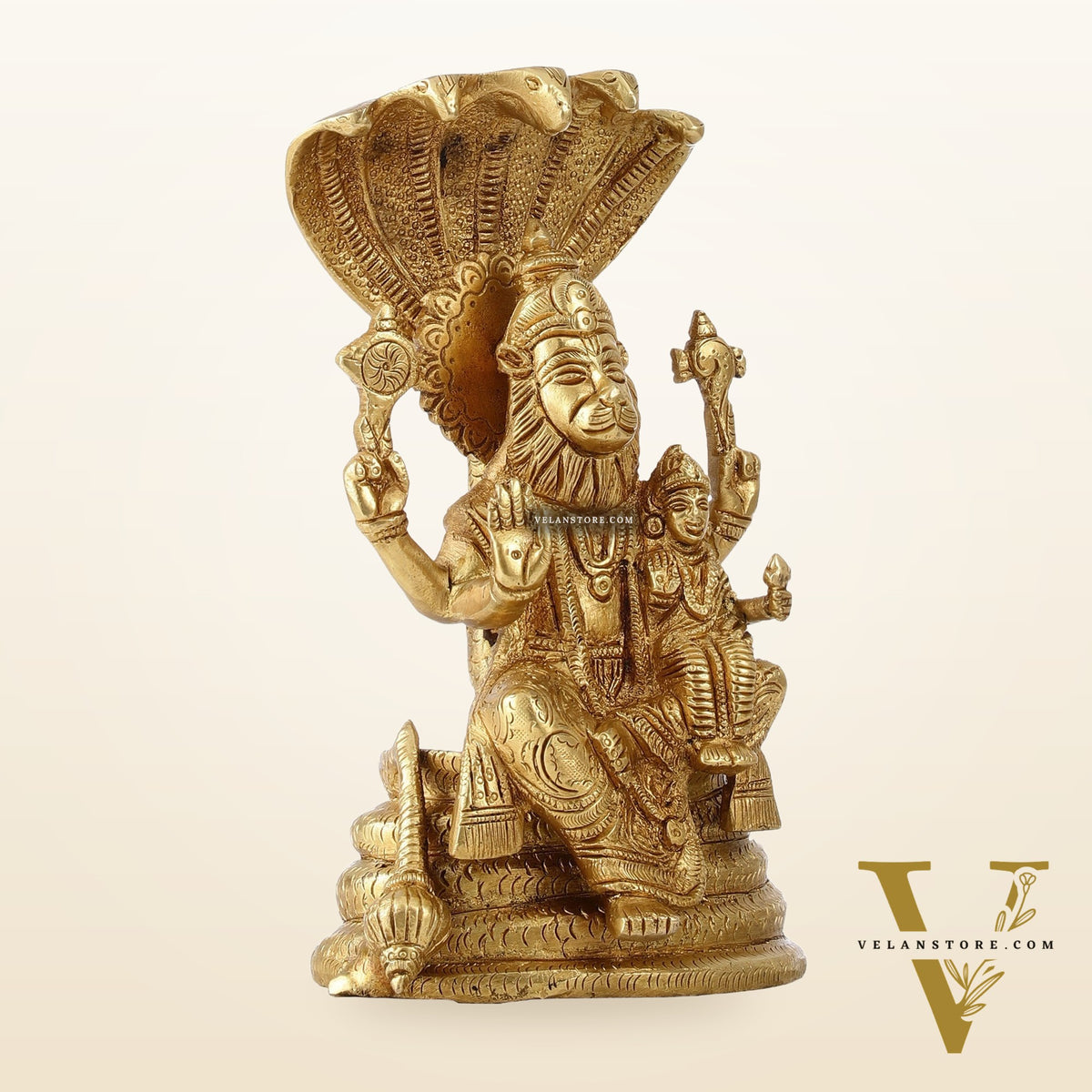 Handcrafted Pure Brass Narasimha Lakshmi Statue - 8 inch