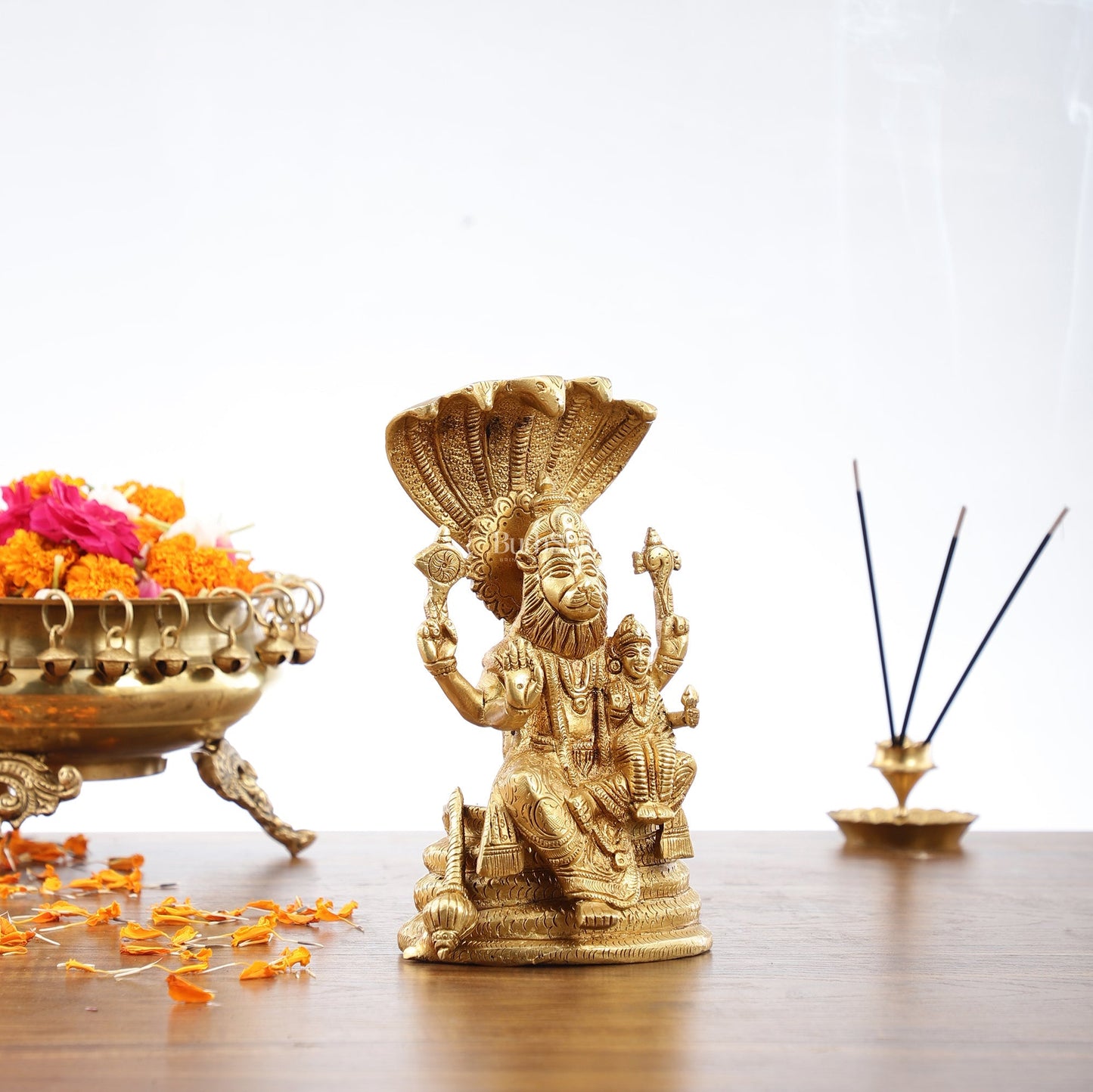 Handcrafted Pure Brass Narasimha Lakshmi Statue - 8 inch
