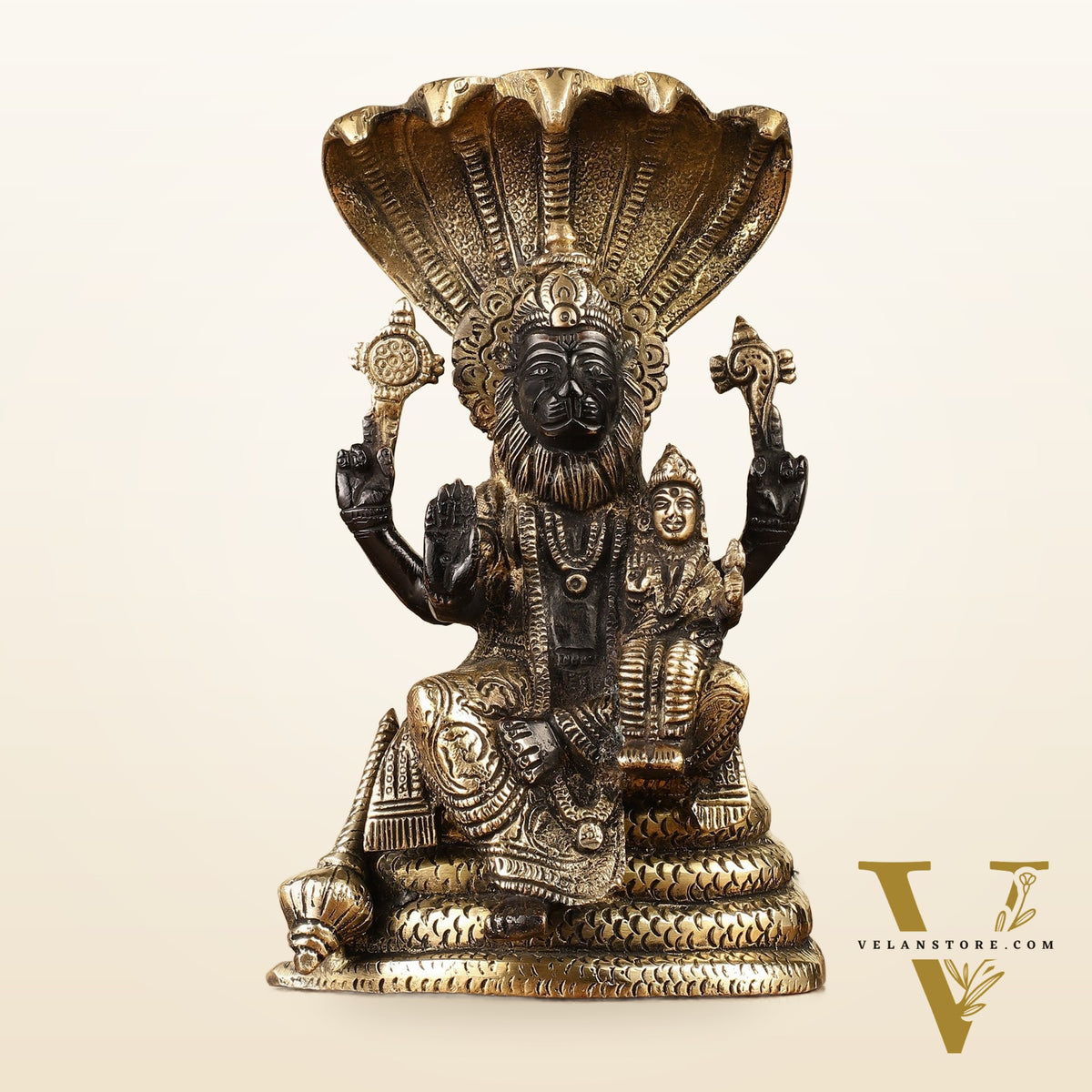 Handcrafted Pure Brass Narasimha Lakshmi Statue - 8"