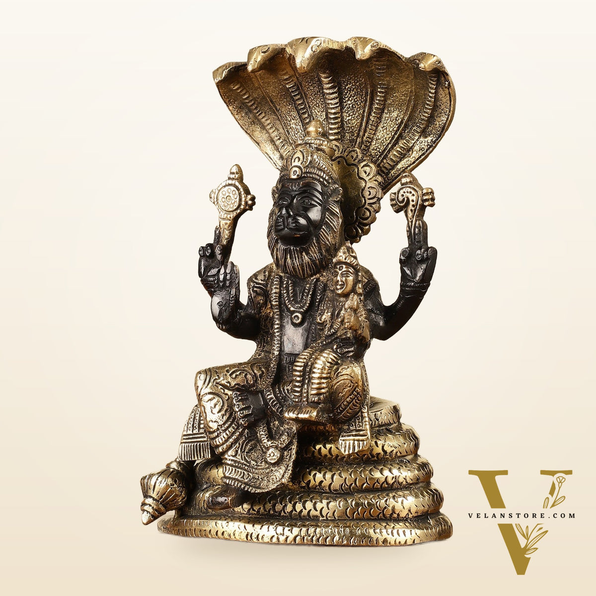 Handcrafted Pure Brass Narasimha Lakshmi Statue - 8"