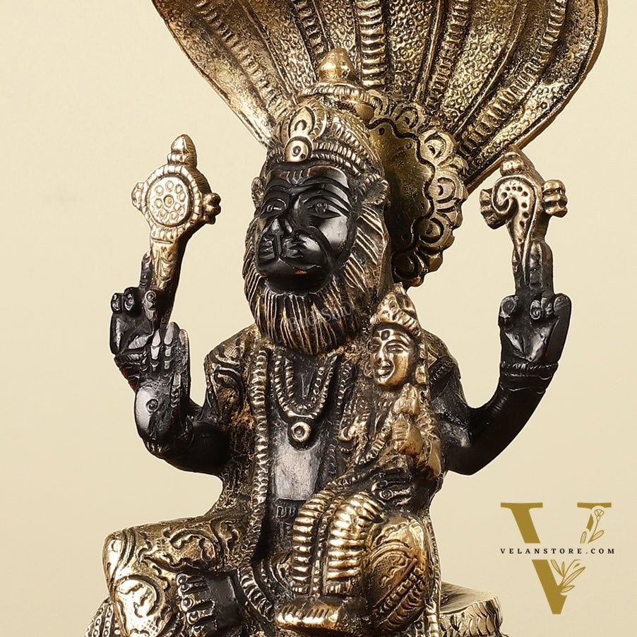 Handcrafted Pure Brass Narasimha Lakshmi Statue - 8"