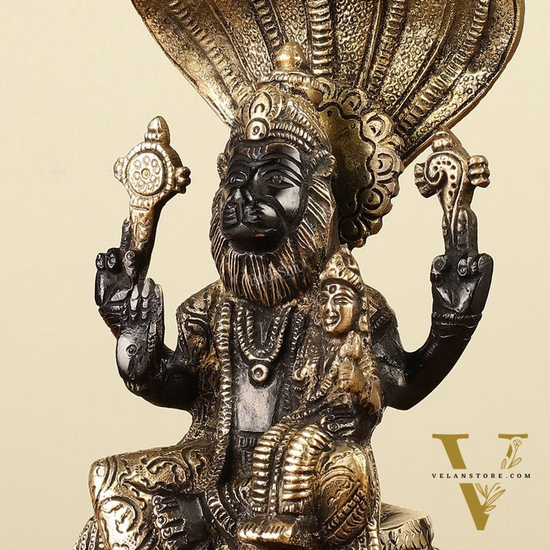 Handcrafted Pure Brass Narasimha Lakshmi Statue - 8"