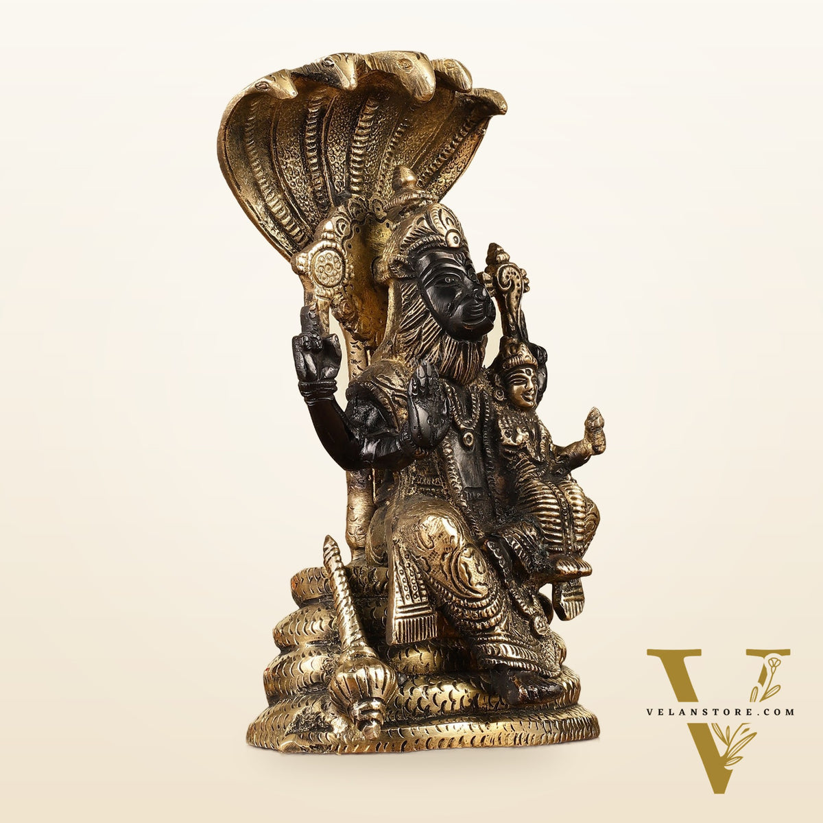 Handcrafted Pure Brass Narasimha Lakshmi Statue - 8"