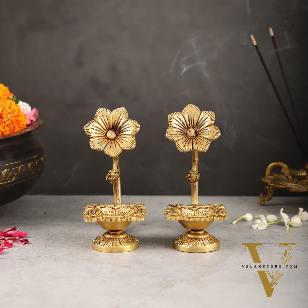 Handcrafted Pure Brass Oil Lamp Diya with Flower Handle - 6-inch