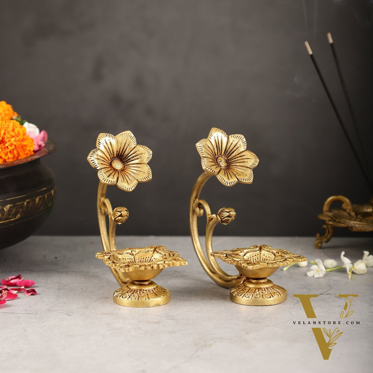 Handcrafted Pure Brass Oil Lamp Diya with Flower Handle - 6-inch