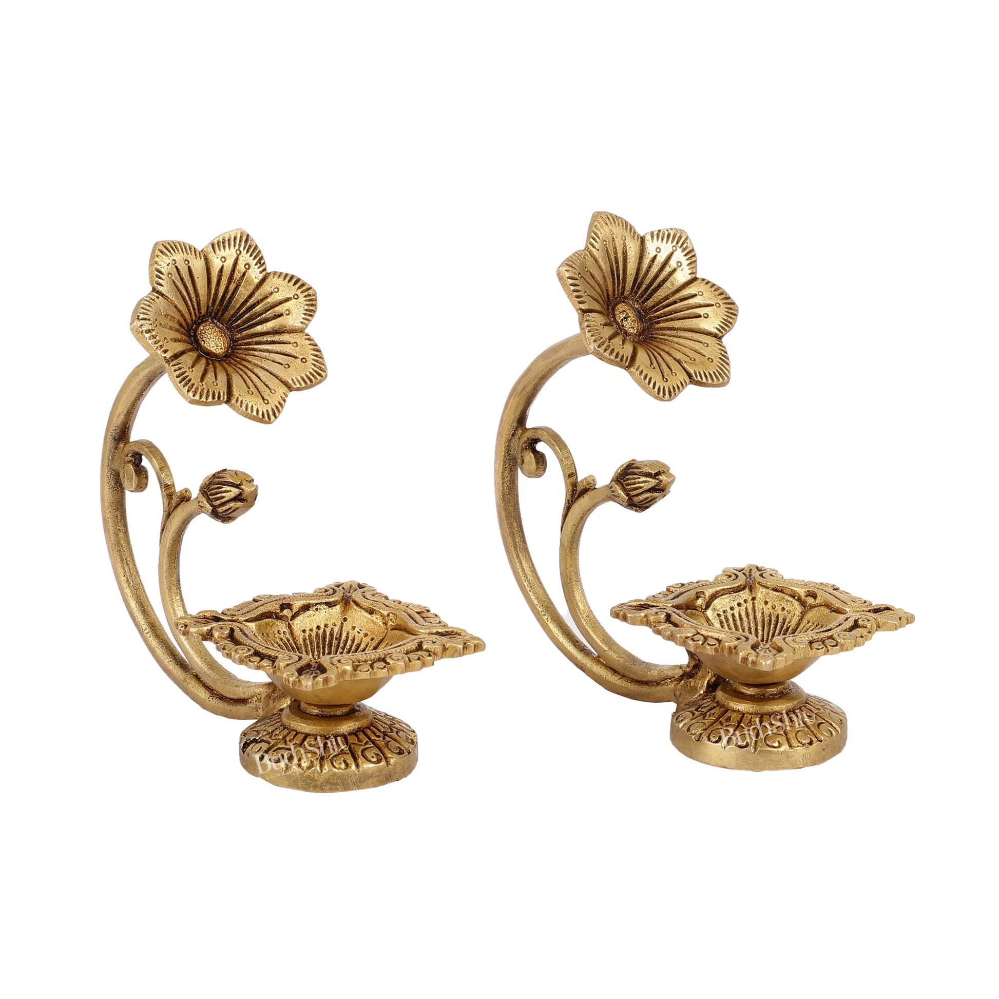 Handcrafted Pure Brass Oil Lamp Diya with Flower Handle - 6-inch