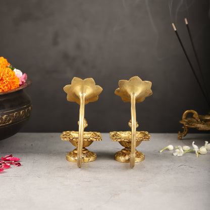 Handcrafted Pure Brass Oil Lamp Diya with Flower Handle - 6-inch