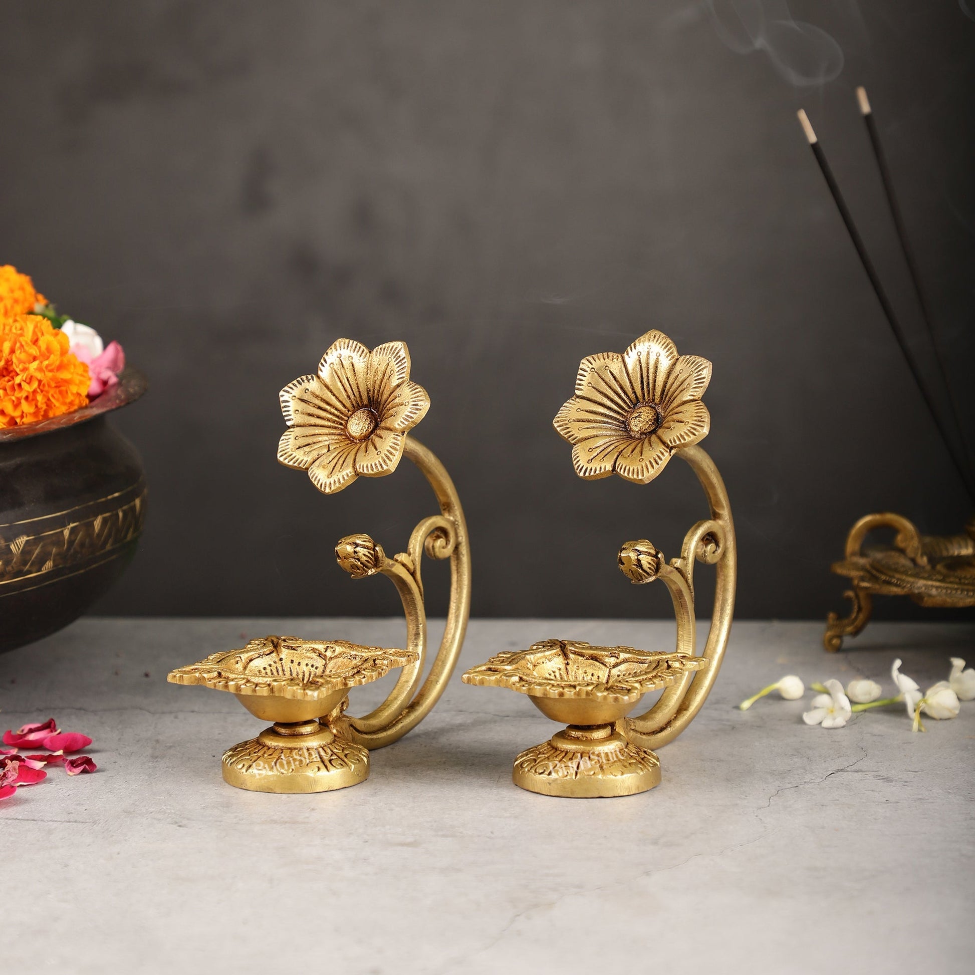 Handcrafted Pure Brass Oil Lamp Diya with Flower Handle - 6-inch