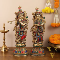 Handcrafted Pure Brass Radha Krishna Statues - 21"