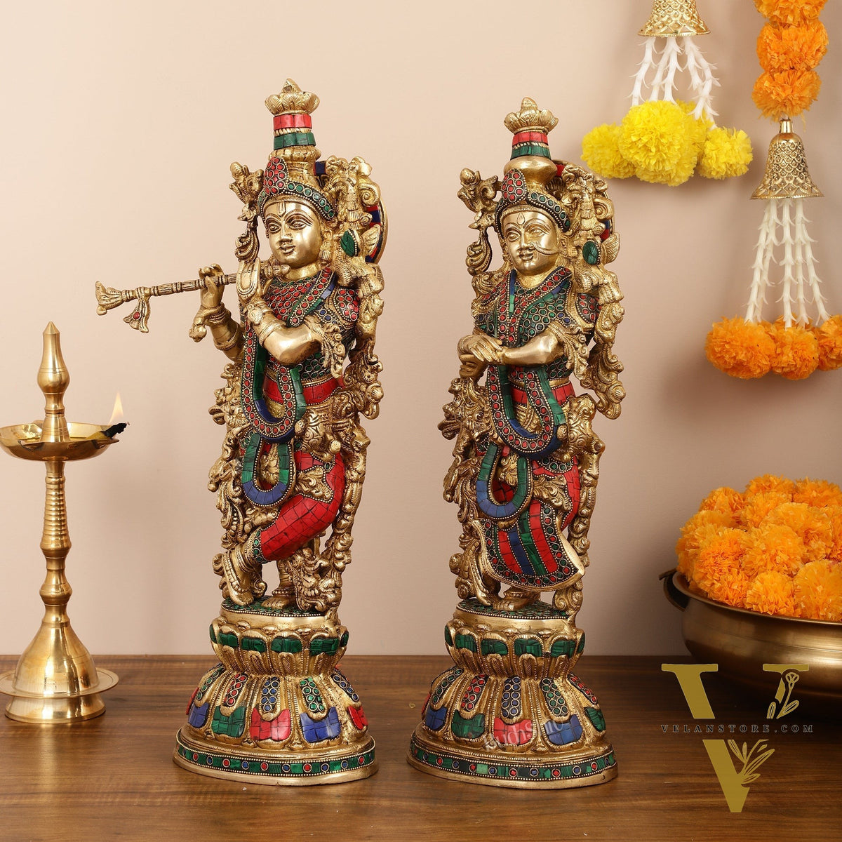 Handcrafted Pure Brass Radha Krishna Statues - 21"